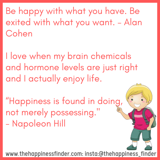 Be happy with what you have. Be exited with what you want. – Alan Cohen quotesI love when my brain chemicals and hormone levels are just right and I actually enjoy life